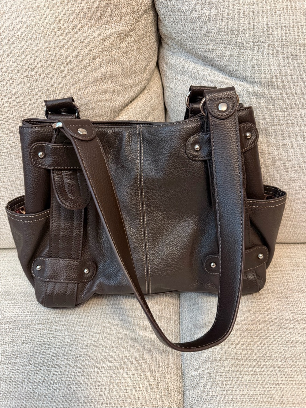 Tignanello Dark Brown Leather Shoulder Tote with Side Pockets